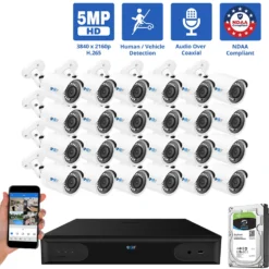 32 Channel Coaxial Security Camera System with 24 * 5MP Analog Bullet 2.8mm Fixed Lens Camera, Human / Vehicle Detection, Built-In Mic