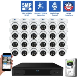 32 Channel Coaxial Security Camera System with 24 * 5MP Analog Turret 2.8mm Fixed Lens Camera, Human / Vehicle Detection, Built-In Mic