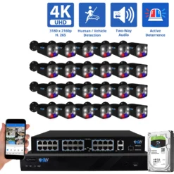 32 Channel NVR Security Camera System with 24 * 8MP IP POE 2.8mm Fixed Lens Black Bullet Security Cameras, Human/Vehicle Detection, Face Recognition, Two-Way Audio, Full-Time Color Night Vision, Active Deterrence