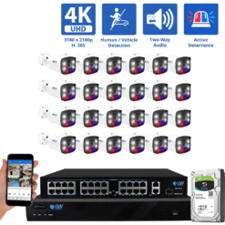 32 Channel NVR Security Camera System with 24 * 8MP IP POE 2.8mm Fixed Lens Bullet Security Cameras, Human/Vehicle Detection, Face Recognition, Two-Way Audio, Full-Time Color Night Vision, Active Deterrence