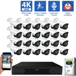 32 Channel Coaxial Security Camera System with 24 * 8MP Analog Bullet 2.8-12mm Varifocal Lens Camera, Human / Vehicle Detection, Built-In Mic, 4X Optical Zoom