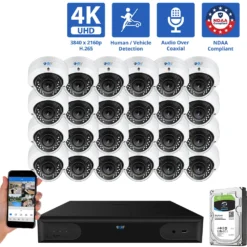 32 Channel Coaxial Security Camera System with 24 * 8MP Analog Dome 2.8-12mm Varifocal Lens Camera, Human / Vehicle Detection, Built-In Mic, 4X Optical Zoom, Vandal-Proof