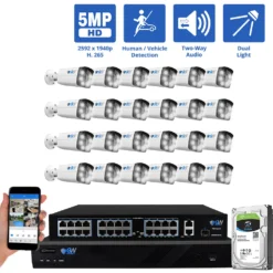 32 Channel NVR Security Camera System with 24 * 5MP IP POE 2.8mm Fixed Lens Bullet Security Cameras, Human/Vehicle Detection, Face Recognition, Two-Way Audio, Color Night Vision, Dual-Light, PoE