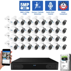 32 Channel Coaxial Security Camera System with 32 * 5MP Analog Bullet 2.8mm Fixed Lens Camera, Human / Vehicle Detection, Built-In Mic