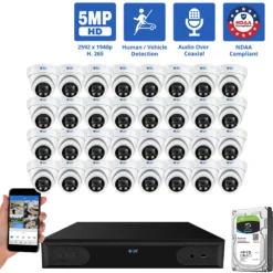 32 Channel Coaxial Security Camera System with 32 * 5MP Analog Turret 2.8mm Fixed Lens Camera, Human / Vehicle Detection, Built-In Mic