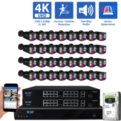 32 Channel NVR Security Camera System with 32 * 8MP IP POE 2.8mm Fixed Lens Black Bullet Security Cameras, Human/Vehicle Detection, Face Recognition, Two-Way Audio, Full-Time Color Night Vision, Active Deterrence