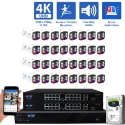 32 Channel NVR Security Camera System with 32 * 8MP IP POE 2.8mm Fixed Lens Bullet Security Cameras, Human/Vehicle Detection, Face Recognition, Two-Way Audio, Full-Time Color Night Vision, Active Deterrence