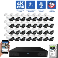 32 Channel Coaxial Security Camera System with 32 * 8MP Analog Bullet 2.8-12mm Varifocal Lens Camera, Human / Vehicle Detection, Built-In Mic, 4X Optical Zoom