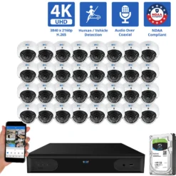 32 Channel Coaxial Security Camera System with 32 * 8MP Analog Dome 2.8-12mm Varifocal Lens Camera, Human / Vehicle Detection, Built-In Mic, 4X Optical Zoom, Vandal-Proof