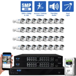 32 Channel NVR Security Camera System with 32 * 5MP IP POE 2.8mm Fixed Lens Bullet Security Cameras, Human/Vehicle Detection, Face Recognition, Two-Way Audio, Color Night Vision, Dual-Light, PoE