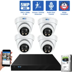 8 Channel Coaxial Security Camera System with 4 * 5MP Analog Turret 2.8mm Fixed Lens Camera, Human / Vehicle Detection, Built-In Mic