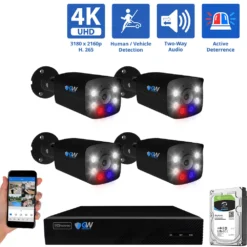 8 Channel NVR Security Camera System with 4 * 8MP IP POE 2.8mm Fixed Lens Black Bullet Security Cameras, Human/Vehicle Detection, Face Recognition, Two-Way Audio, Full-Time Color Night Vision, Active Deterrence