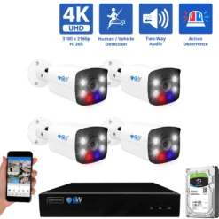 8 Channel NVR Security Camera System with 4 * 8MP IP POE 2.8mm Fixed Lens Bullet Security Cameras, Human/Vehicle Detection, Face Recognition, Two-Way Audio, Full-Time Color Night Vision, Active Deterrence