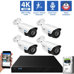 8 Channel Coaxial Security Camera System with 4 * 8MP Analog Bullet 2.8-12mm Varifocal Lens Camera, Human / Vehicle Detection, Built-In Mic, 4X Optical Zoom