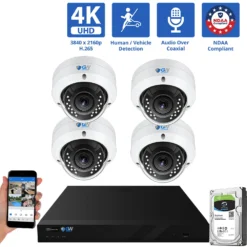 8 Channel Coaxial Security Camera System with 4 * 8MP Analog Dome 2.8-12mm Varifocal Lens Camera, Human / Vehicle Detection, Built-In Mic, 4X Optical Zoom, Vandal-Proof
