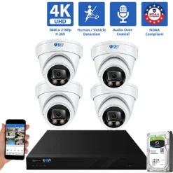 8 Channel Coaxial Security Camera System with 4 * 8MP Analog Turret 2.8mm Fixed Lens Camera, Human / Vehicle Detection, Built-In Mic