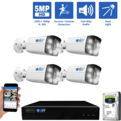 8 Channel NVR Security Camera System with 4 * 5MP IP POE 2.8mm Fixed Lens Bullet Security Cameras, Human/Vehicle Detection, Face Recognition, Two-Way Audio, Color Night Vision, Dual-Light, PoE