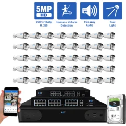 64 Channel NVR Security Camera System with 40 * 5MP IP POE 2.8mm Fixed Lens Bullet Security Cameras, Human/Vehicle Detection, Face Recognition, Two-Way Audio, Color Night Vision, Dual-Light, PoE