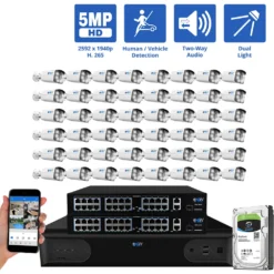 64 Channel NVR Security Camera System with 48 * 5MP IP POE 2.8mm Fixed Lens Bullet Security Cameras, Human/Vehicle Detection, Face Recognition, Two-Way Audio, Color Night Vision, Dual-Light, PoE