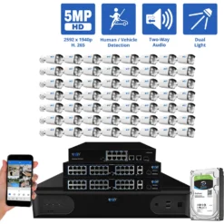 64 Channel NVR Security Camera System with 56 * 5MP IP POE 2.8mm Fixed Lens Bullet Security Cameras, Human/Vehicle Detection, Face Recognition, Two-Way Audio, Color Night Vision, Dual-Light, PoE