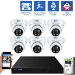 8 Channel Coaxial Security Camera System with 6 * 5MP Analog Turret 2.8mm Fixed Lens Camera, Human / Vehicle Detection, Built-In Mic