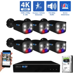 8 Channel NVR Security Camera System with 6 * 8MP IP POE 2.8mm Fixed Lens Black Bullet Security Cameras, Human/Vehicle Detection, Face Recognition, Two-Way Audio, Full-Time Color Night Vision, Active Deterrence