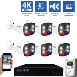 8 Channel NVR Security Camera System with 6 * 8MP IP POE 2.8mm Fixed Lens Bullet Security Cameras, Human/Vehicle Detection, Face Recognition, Two-Way Audio, Full-Time Color Night Vision, Active Deterrence
