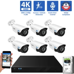 8 Channel Coaxial Security Camera System with 6 * 8MP Analog Bullet 2.8-12mm Varifocal Lens Camera, Human / Vehicle Detection, Built-In Mic, 4X Optical Zoom