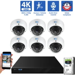 8 Channel Coaxial Security Camera System with 6 * 8MP Analog Dome 2.8-12mm Varifocal Lens Camera, Human / Vehicle Detection, Built-In Mic, 4X Optical Zoom, Vandal-Proof