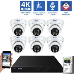 8 Channel Coaxial Security Camera System with 6 * 8MP Analog Turret 2.8mm Fixed Lens Camera, Human / Vehicle Detection, Built-In Mic
