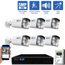 8 Channel NVR Security Camera System with 6 * 5MP IP POE 2.8mm Fixed Lens Bullet Security Cameras, Human/Vehicle Detection, Face Recognition, Two-Way Audio, Color Night Vision, Dual-Light, PoE