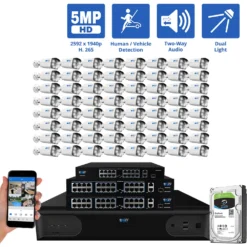 64 Channel NVR Security Camera System with 64 * 5MP IP POE 2.8mm Fixed Lens Bullet Security Cameras, Human/Vehicle Detection, Face Recognition, Two-Way Audio, Color Night Vision, Dual-Light, PoE