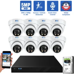 8 Channel Coaxial Security Camera System with 8 * 5MP Analog Turret 2.8mm Fixed Lens Camera, Human / Vehicle Detection, Built-In Mic