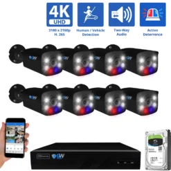 8 Channel NVR Security Camera System with 8 * 8MP IP POE 2.8mm Fixed Lens Black Bullet Security Cameras, Human/Vehicle Detection, Face Recognition, Two-Way Audio, Full-Time Color Night Vision, Active Deterrence