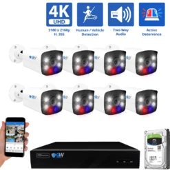 8 Channel NVR Security Camera System with 8 * 8MP IP POE 2.8mm Fixed Lens Bullet Security Cameras, Human/Vehicle Detection, Face Recognition, Two-Way Audio, Full-Time Color Night Vision, Active Deterrence