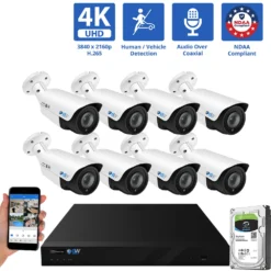 8 Channel Coaxial Security Camera System with 8 * 8MP Analog Bullet 2.8-12mm Varifocal Lens Camera, Human / Vehicle Detection, Built-In Mic, 4X Optical Zoom