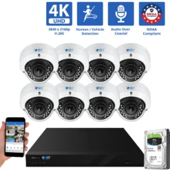 8 Channel Coaxial Security Camera System with 8 * 8MP Analog Dome 2.8-12mm Varifocal Lens Camera, Human / Vehicle Detection, Built-In Mic, 4X Optical Zoom, Vandal-Proof