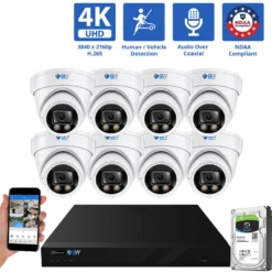 8 Channel Coaxial Security Camera System with 8 * 8MP Analog Turret 2.8mm Fixed Lens Camera, Human / Vehicle Detection, Built-In Mic