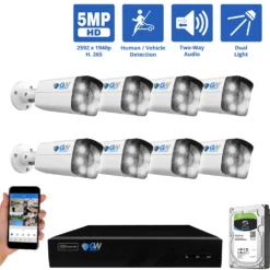 8 Channel NVR Security Camera System with 8 * 5MP IP POE 2.8mm Fixed Lens Bullet Security Cameras, Human/Vehicle Detection, Face Recognition, Two-Way Audio, Color Night Vision, Dual-Light, PoE