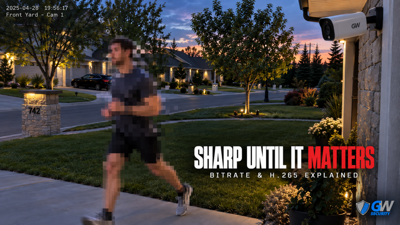 Security camera view of a jogger dissolving into blocky compression artifacts while the yard around him stays sharp, with a GW camera mounted on the house