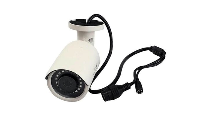 Coaxial security camera with BNC video connector and separate power cable, showing typical siamese cable setup for analog camera systems