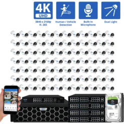 128 Channel NVR Security Camera System with 112 * 8MP 4K IP POE 2.8mm Fixed Lens Bullet Security Cameras, Dual Light, Human/Vehicle Detection, Face Recognition, Area Intrusion, Built-In Mic, PoE, Acu-Search