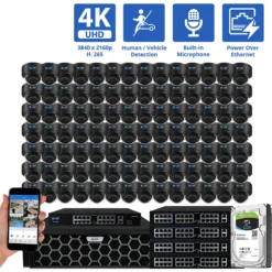 128 Channel NVR Security Camera System with 112 * 4K IP POE 2.8mm Fixed Lens Black Dome Security Cameras, Human/Vehicle Detection, Face Recognition, Area Intrusion, Built-In Mic, PoE, Acu-Search