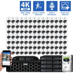 128 Channel NVR Security Camera System with 112 * 8MP 4K IP POE 2.8mm Fixed Lens Dome Security Cameras, Human/Vehicle Detection, Face Recognition, Area Intrusion, Built-In Mic, PoE, Acu-Search