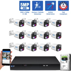 16 Channel NVR Security Camera System with 12 * 5MP HD IP POE 2.8mm Fixed Lens Bullet Smart Dual Light Active Deterrence Security Cameras, TAA Compliant, Human / Vehicle Detection, Face Recognition, Smart AI Analytics, Built In Mic
