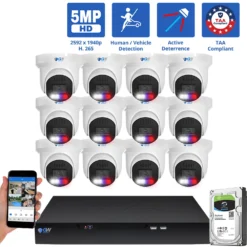 16 Channel NVR Security Camera System with 12 * 5MP HD IP POE 2.8mm Fixed Lens Turret Smart Dual Light Active Deterrence Security Camera, TAA Compliant, Human / Vehicle Detection, Face Recognition, Smart AI Analytics, Built In Mic