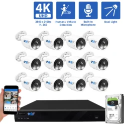 16 Channel NVR Security Camera System with 12 * 8MP 4K IP POE 2.8mm Fixed Lens Bullet Security Cameras, Dual Light, Human/Vehicle Detection, Face Recognition, Area Intrusion, Built-In Mic, PoE, Acu-Search