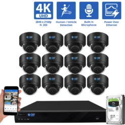 16 Channel NVR Security Camera System with 12 * 4K IP POE 2.8mm Fixed Lens Black Dome Security Cameras, Human/Vehicle Detection, Face Recognition, Area Intrusion, Built-In Mic, PoE, Acu-Search