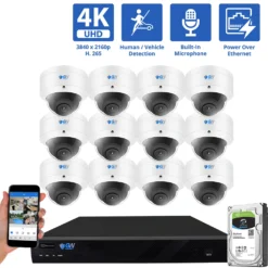 16 Channel NVR Security Camera System with 12 * 8MP 4K IP POE 2.8mm Fixed Lens Dome Security Cameras, Human/Vehicle Detection, Face Recognition, Area Intrusion, Built-In Mic, PoE, Acu-Search