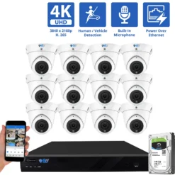 16 Channel NVR Security Camera System with 12 * 8MP 4K IP POE 2.8mm Fixed Lens Turret Security Cameras, Human/Vehicle Detection, Face Recognition, Area Intrusion, Built-In Mic, PoE, Acu-Search